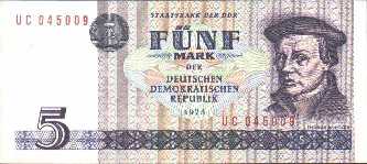 5 Mark der DDR. Vorderseite. Thomas Mntzer (gest. 1525).
